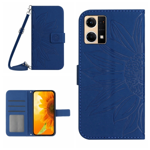 

For OPPO Reno7 4G/Reno8 4G Skin Feel Sun Flower Pattern Flip Leather Phone Case with Lanyard(Dark Blue)