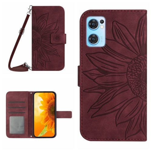 

For OPPO Reno7 5G/Find X5 Lite Skin Feel Sun Flower Pattern Flip Leather Phone Case with Lanyard(Wine Red)