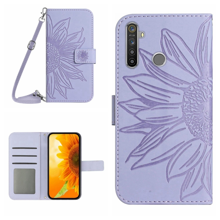 For Realme Pro Skin Feel Sun Flower Pattern Flip Leather Phone Case with  Lanyard(Purple)