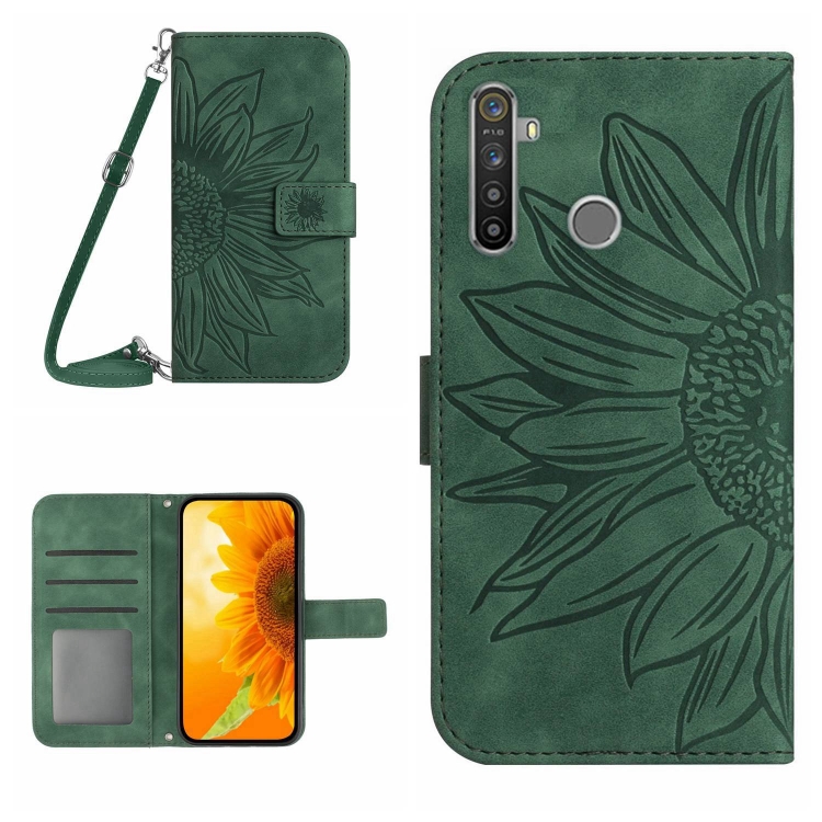 For Realme Pro Skin Feel Sun Flower Pattern Flip Leather Phone Case with  Lanyard(Green)