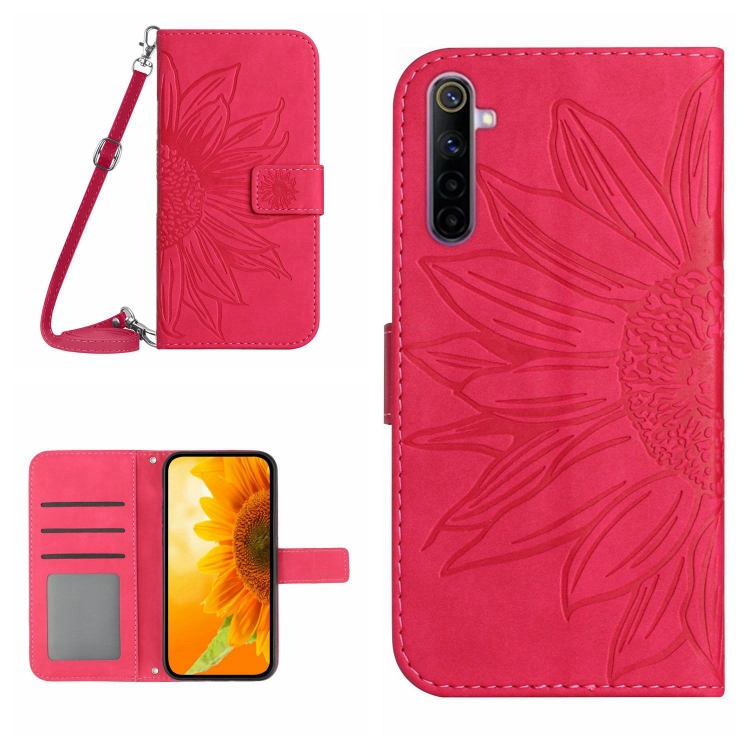 

For Realme 6 Skin Feel Sun Flower Pattern Flip Leather Phone Case with Lanyard(Rose Red)