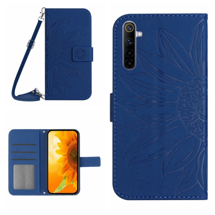 

For Realme 6 Pro Skin Feel Sun Flower Pattern Flip Leather Phone Case with Lanyard(Dark Blue)