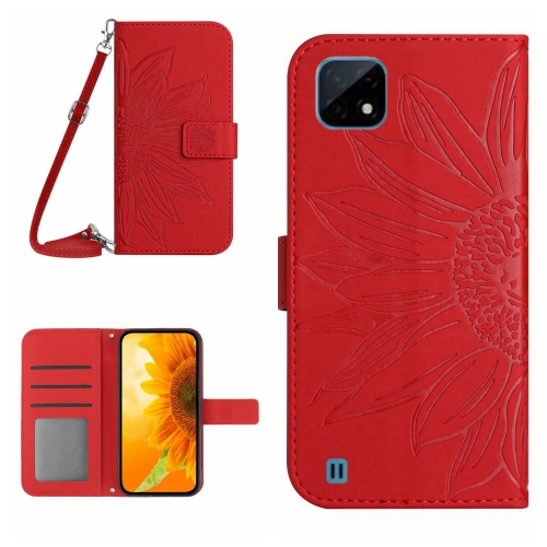 

For Realme C12/C15/C25 Skin Feel Sun Flower Pattern Flip Leather Phone Case with Lanyard(Red)