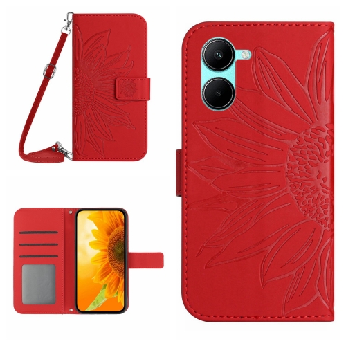 

For Realme C33 Skin Feel Sun Flower Pattern Flip Leather Phone Case with Lanyard(Red)