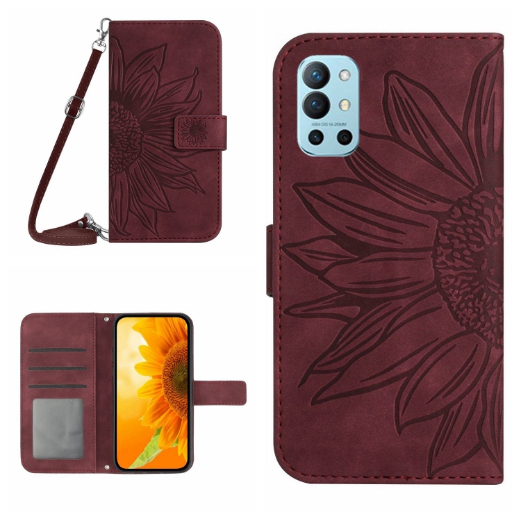 

For OnePlus 9R Skin Feel Sun Flower Pattern Flip Leather Phone Case with Lanyard(Wine Red)