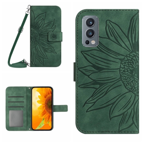 

For OnePlus Nord 2 Skin Feel Sun Flower Pattern Flip Leather Phone Case with Lanyard(Green)