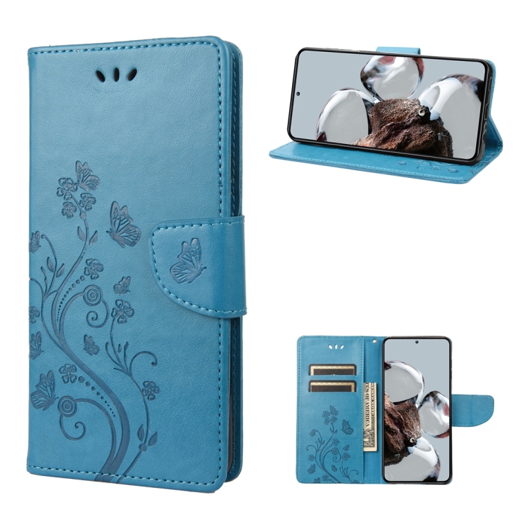 

For Xiaomi 12T / 12T Pro / Redmi K50 Ultra Butterfly Flower Pattern Flip Leather Phone Case(Blue)