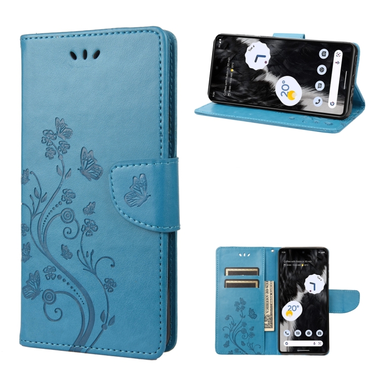 

For Google Pixel 7 5G Butterfly Flower Pattern Flip Leather Phone Case(Blue)