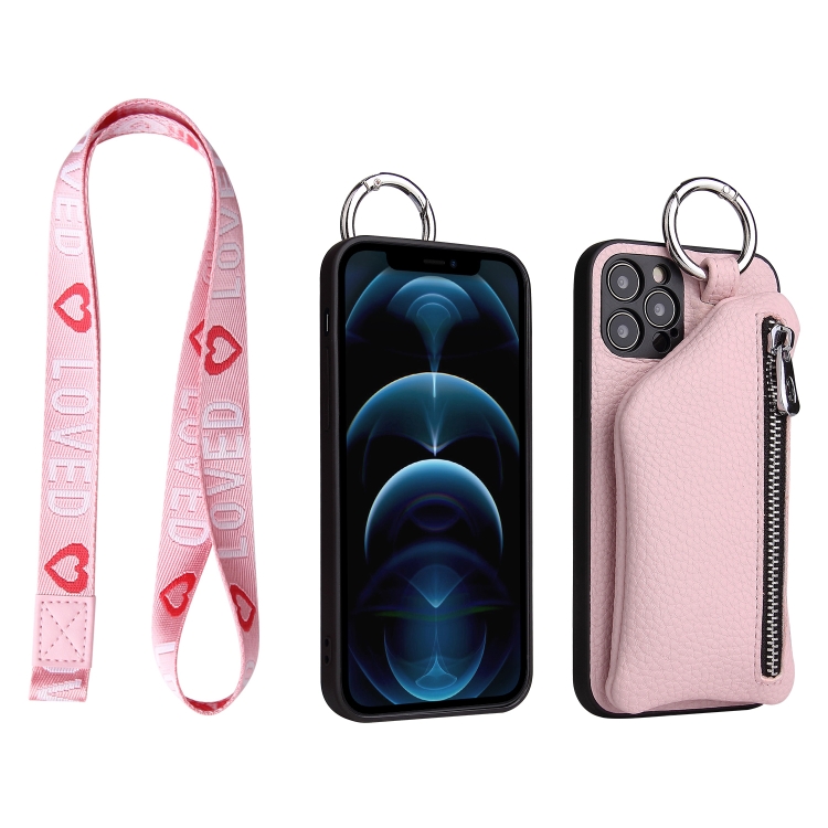 

For iPhone 13 mini Detachable Zippered Coin Purse Phone Case with Lanyard(Pink)