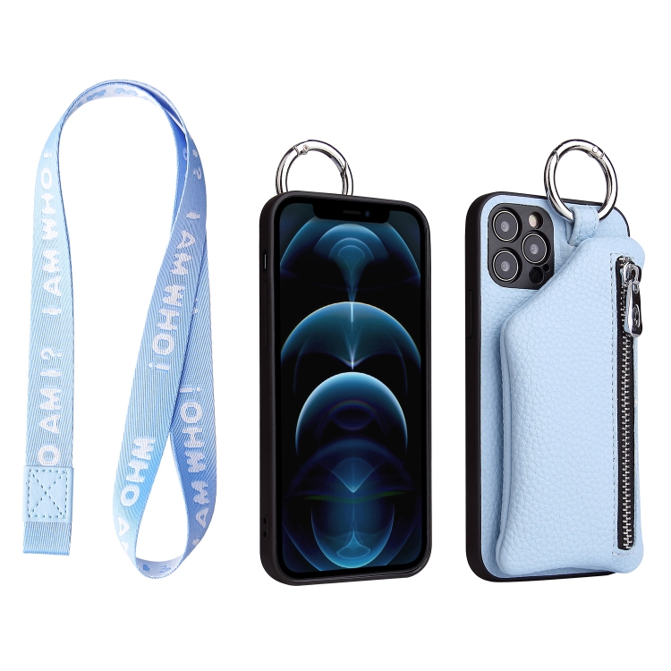 

For iPhone 12 Pro Max Detachable Zippered Coin Purse Phone Case with Lanyard(Blue)