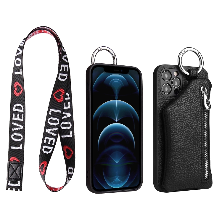 

For iPhone 12 Detachable Zippered Coin Purse Phone Case with Lanyard(Black)
