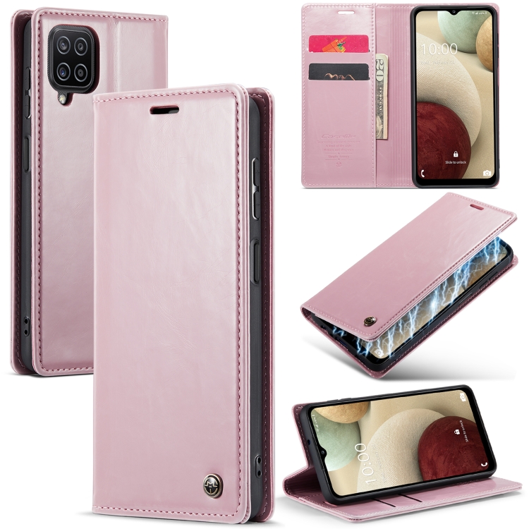 

For Samsung Galaxy A12 CaseMe 003 Crazy Horse Texture Leather Phone Case(Rose Gold)
