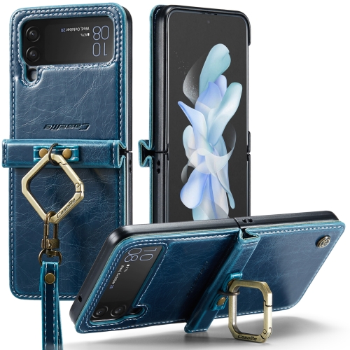 

For Samsung Galaxy Z Flip4 CaseMe 003 Crazy Horse Texture Leather Phone Case with Lanyard(Blue)