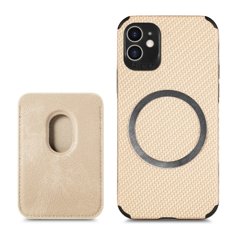 

For iPhone 12 Carbon Fiber Leather Card Magsafe Case(Khaki)