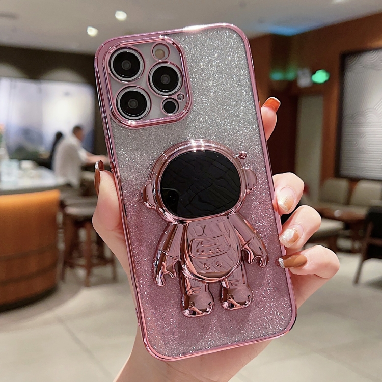 

For iPhone 14 Astronaut Holder Gradient Glitter Powder Phone Case(Pink)