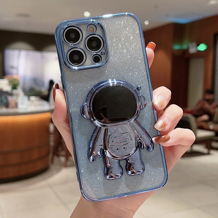 

For iPhone 14 Plus Astronaut Holder Gradient Glitter Powder Phone Case(Blue)