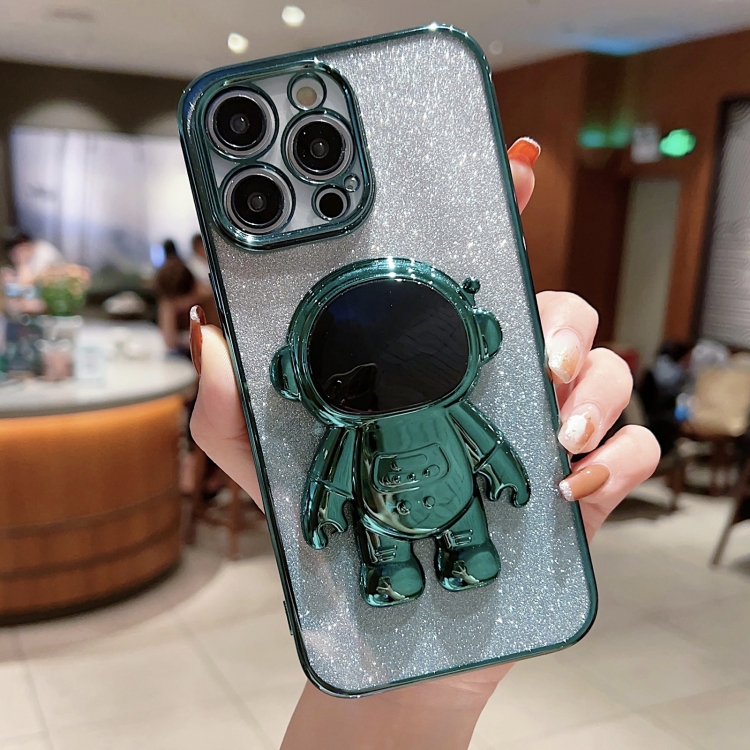

For iPhone 14 Plus Astronaut Holder Gradient Glitter Powder Phone Case(Green)