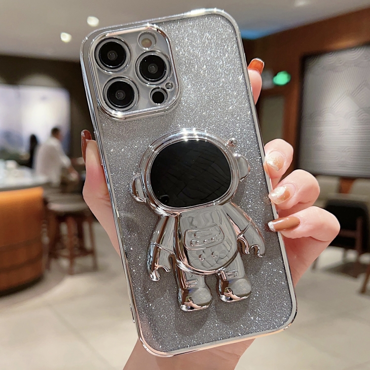 

For iPhone 12 Pro Astronaut Holder Gradient Glitter Powder Phone Case(Silver)