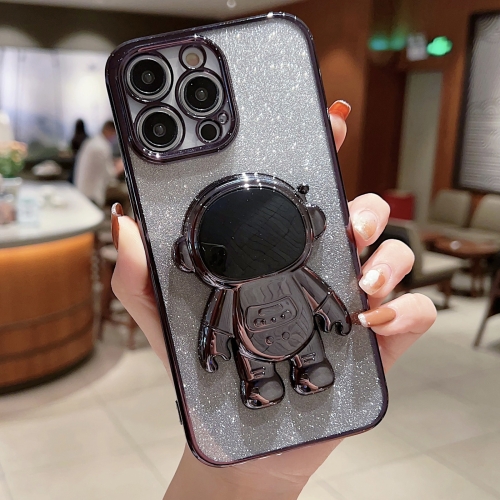 

For iPhone 12 Pro Max Astronaut Holder Gradient Glitter Powder Phone Case(Black)