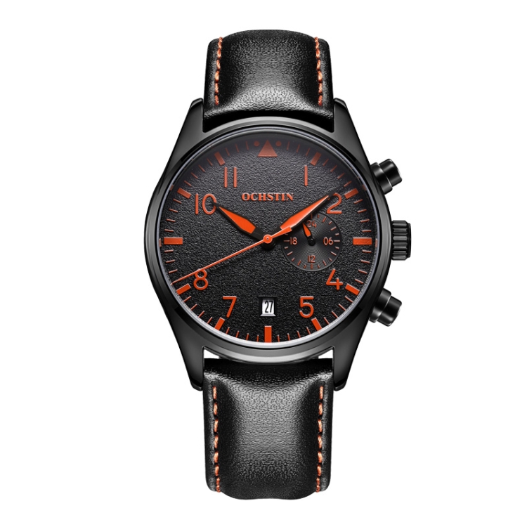 

Ochstin 5043C Multifunctional Business Waterproof Leather Strap Quartz Watch(Black+Black+Orange)