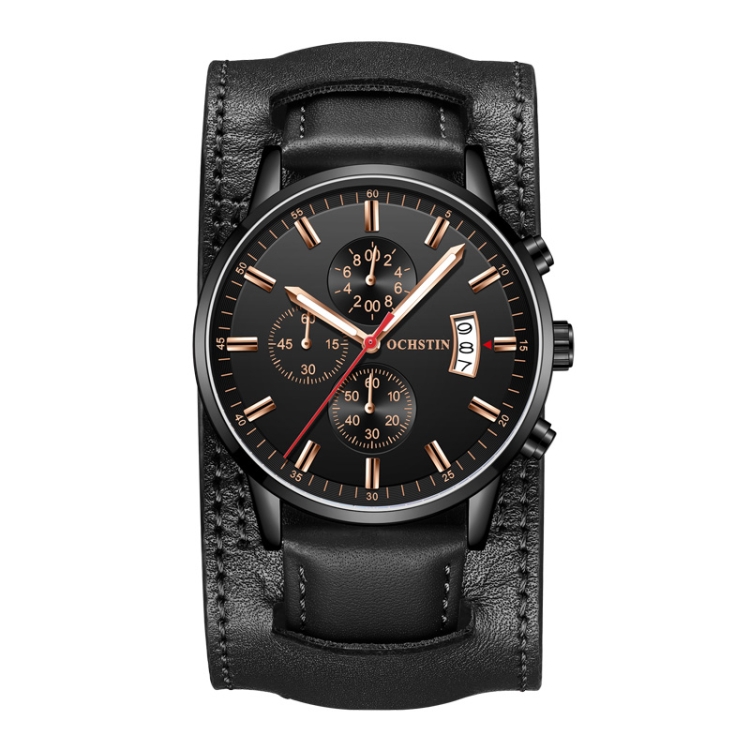 

Ochstin 7266 Multifunctional Leather Wrist Wrist Waterproof Luminous Quartz Watch(Black+Black)