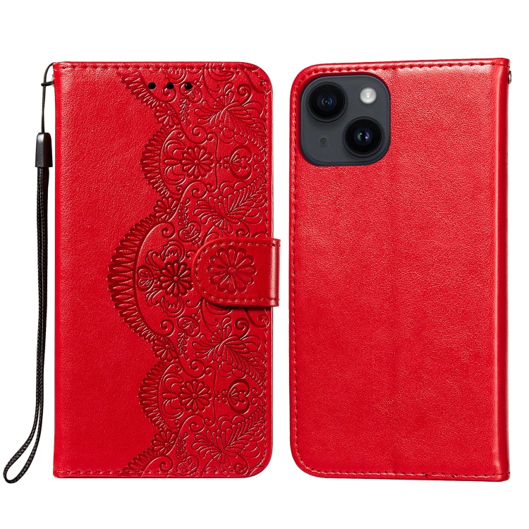 

For iPhone 14 Plus Flower Vine Embossing Flip Leather Phone Case(Red)