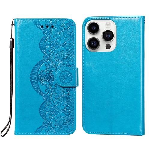 

For iPhone 14 Pro Flower Vine Embossing Flip Leather Phone Case(Blue)