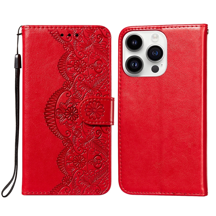 

For iPhone 14 Pro Max Flower Vine Embossing Flip Leather Phone Case(Red)