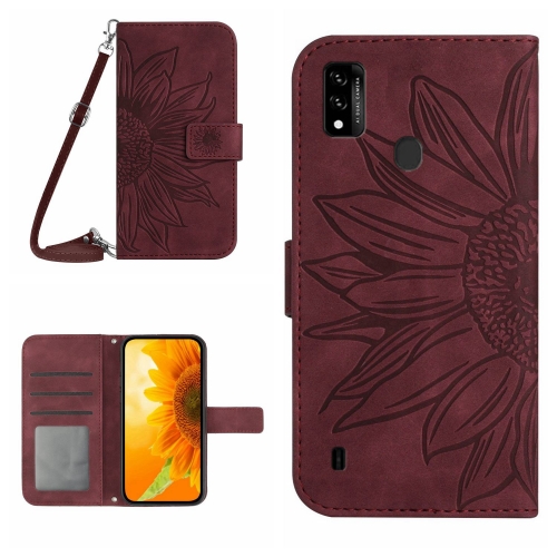 

For ZTE Blade A51/A7P Skin Feel Sun Flower Pattern Flip Leather Phone Case with Lanyard(Wine Red)
