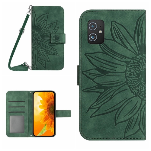 

For Asus ZenFone 8 ZS590KS Skin Feel Sun Flower Pattern Flip Leather Phone Case with Lanyard(Green)