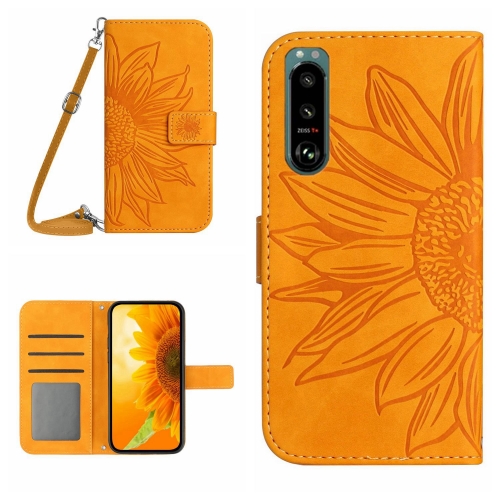

For Sony Xperia 5 III Skin Feel Sun Flower Pattern Flip Leather Phone Case with Lanyard(Yellow)
