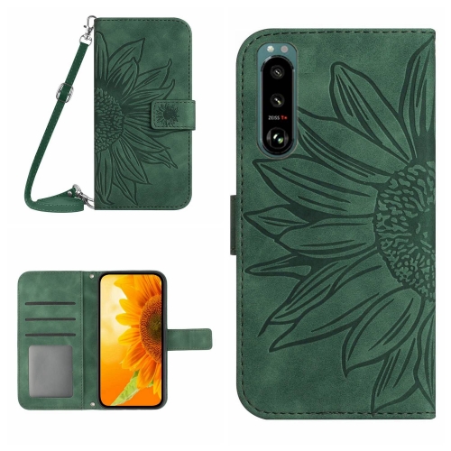 

For Sony Xperia 5 IV Skin Feel Sun Flower Pattern Flip Leather Phone Case with Lanyard(Green)