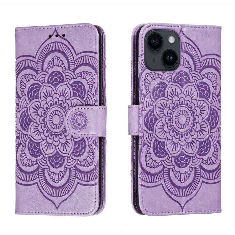 

For iPhone 14 / 13 Sun Mandala Embossing Leather Phone Case(Purple)