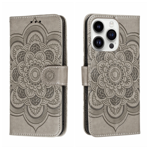 

For iPhone 14 Pro Sun Mandala Embossing Leather Phone Case(Grey)