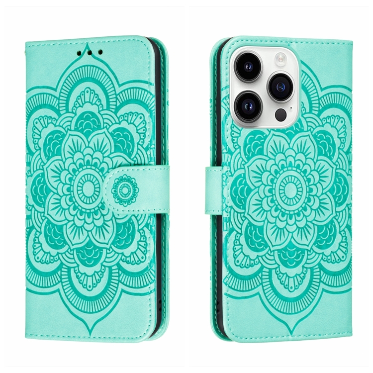 

For iPhone 14 Pro Sun Mandala Embossing Leather Phone Case(Green)