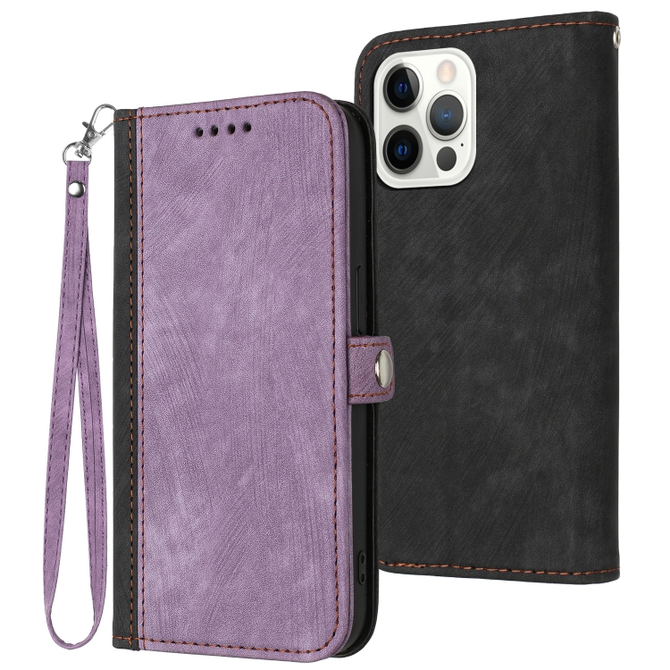

For iPhone 14 Pro Max Side Buckle Double Fold Hand Strap Leather Phone Case(Purple)