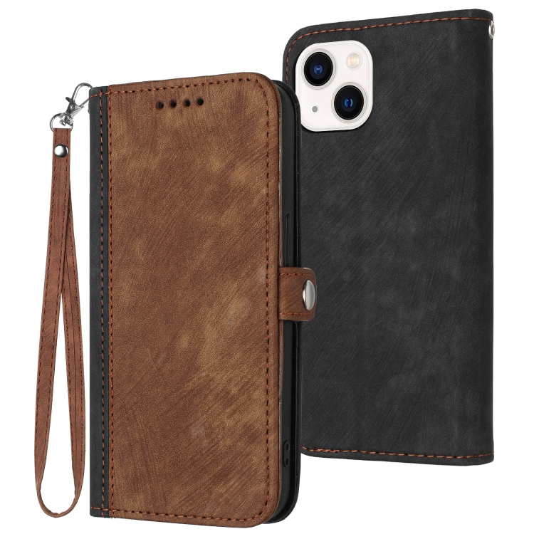 

For iPhone 13 Side Buckle Double Fold Hand Strap Leather Phone Case(Brown)