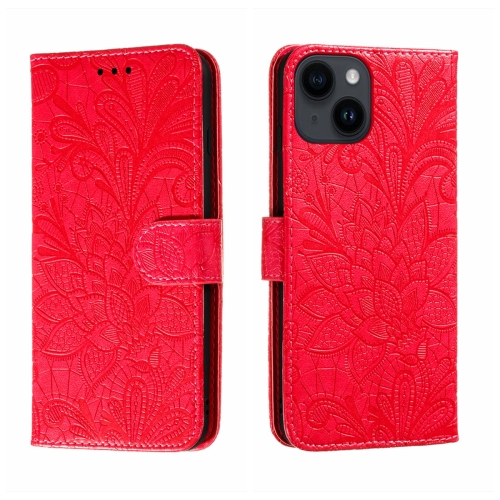 

For iPhone 14 Plus Lace Flower Embossing Flip Leather Phone Case(Red)