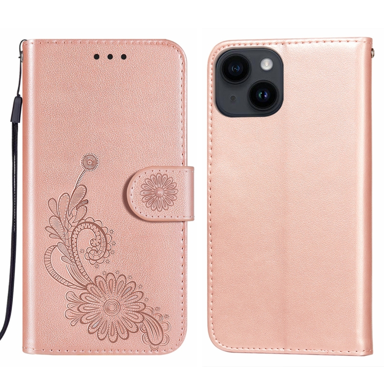 

For iPhone 14 / 13 Lace Lotus Embossing Flip Leather Phone Case(Rose Gold)
