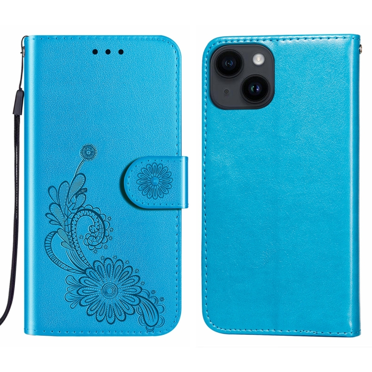

For iPhone 14 Plus Lace Lotus Embossing Flip Leather Phone Case(Blue)
