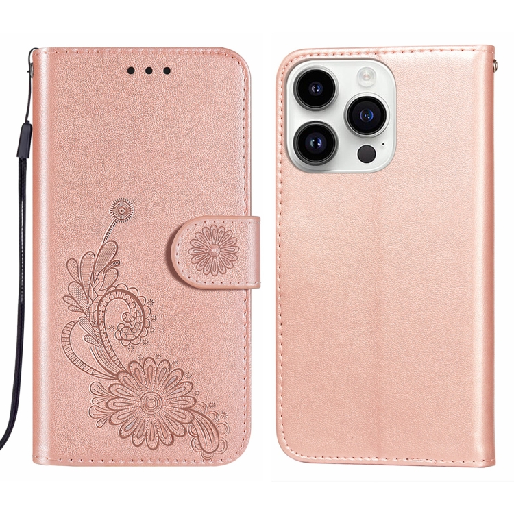 

For iPhone 14 Pro Lace Lotus Embossing Flip Leather Phone Case(Rose Gold)