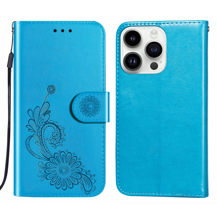 

For iPhone 14 Pro Max Lace Lotus Embossing Flip Leather Phone Case(Blue)