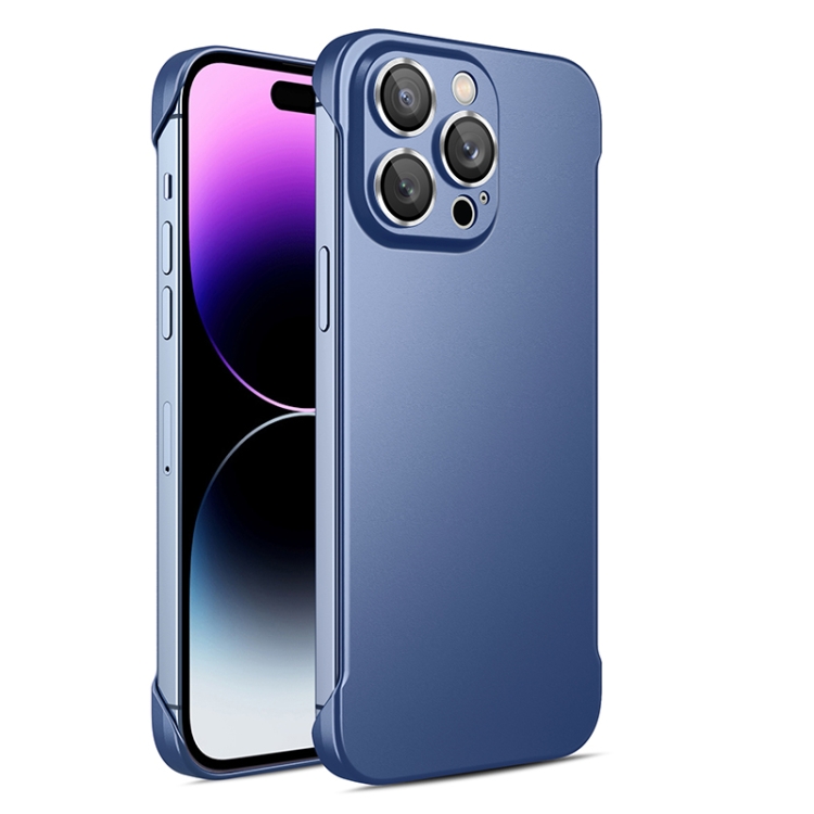 

For iPhone 12 Pro Max Frameless Metallic Paint Phone Case with Lens Film(Dark Blue)