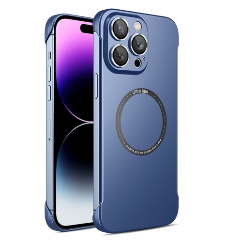 

For iPhone 14 Pro Frameless Metallic Paint Magsafe Phone Case with Lens Film(Dark Blue)