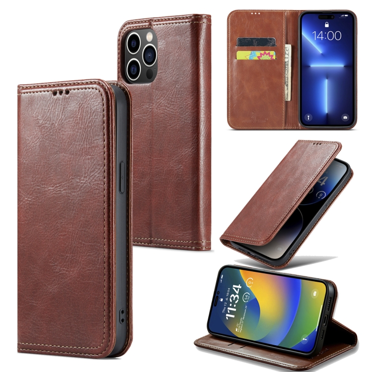 

For iPhone 14 Pro Max FIERRE SHANN Vintage Bark Texture Wallet Leather Phone Case(Brown)