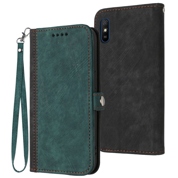 

For Xiaomi Redmi 9A Side Buckle Double Fold Hand Strap Leather Phone Case(Dark Green)