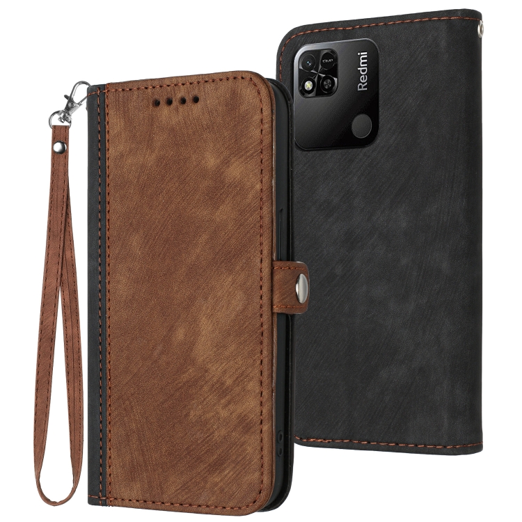 

For Xiaomi Redmi 10A Side Buckle Double Fold Hand Strap Leather Phone Case(Brown)