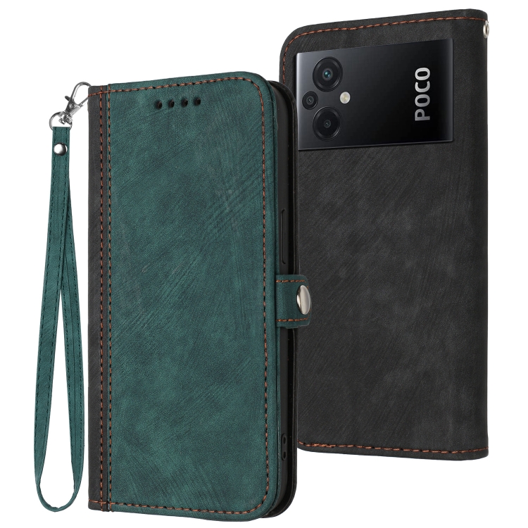 

For Xiaomi Poco M5 Side Buckle Double Fold Hand Strap Leather Phone Case(Dark Green)