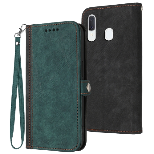 

For Samsung Galaxy A20e Side Buckle Double Fold Hand Strap Leather Phone Case(Dark Green)