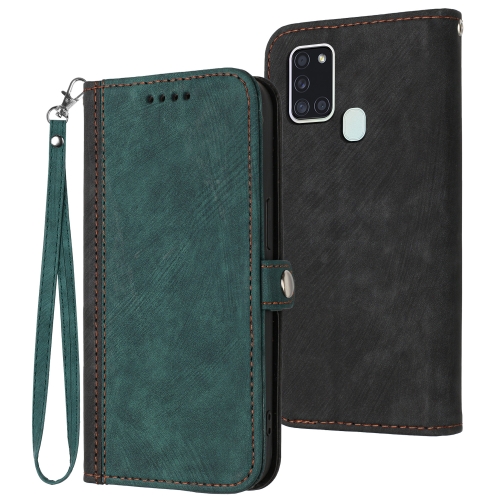 

For Samsung Galaxy A21s Side Buckle Double Fold Hand Strap Leather Phone Case(Dark Green)